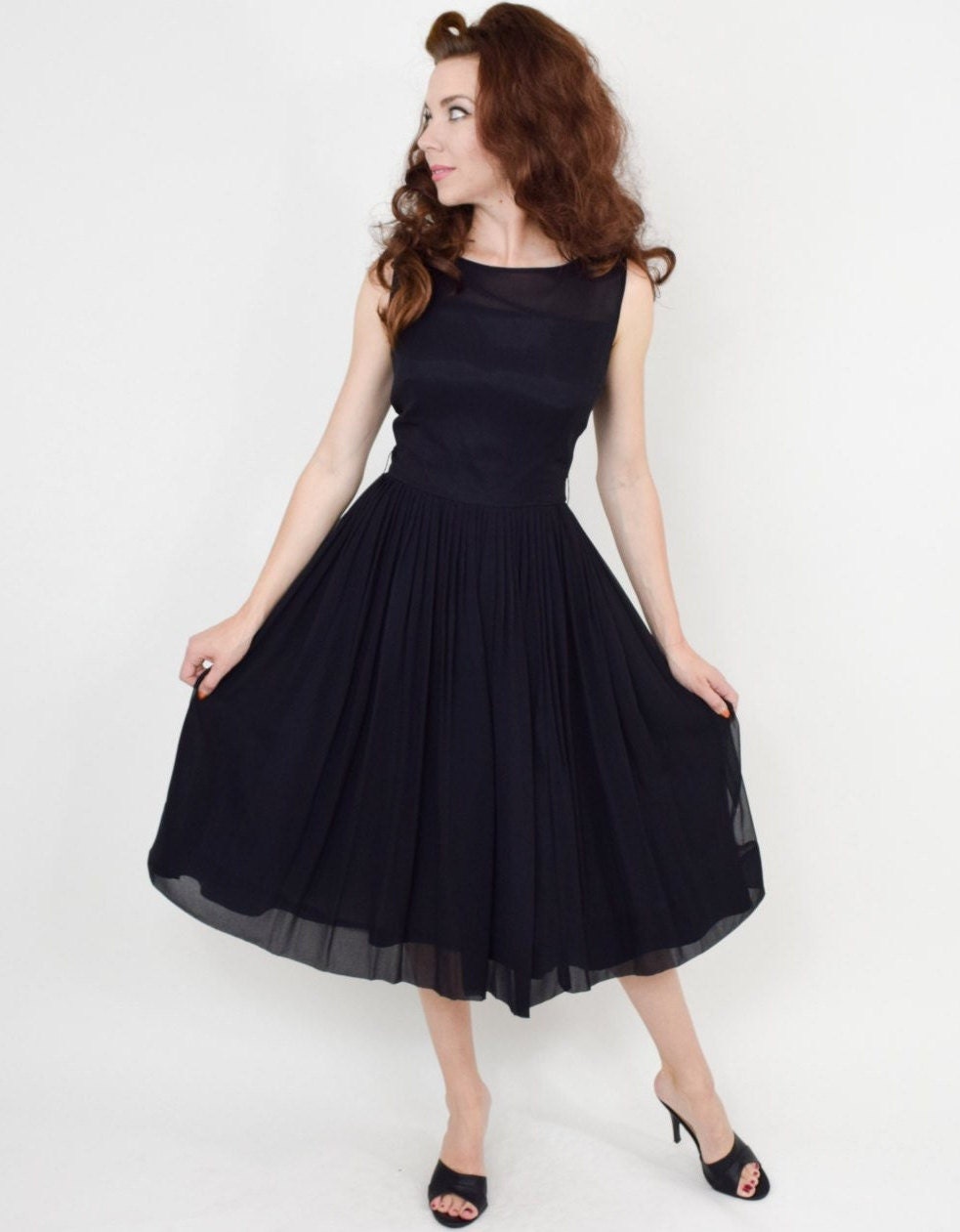 1950s Black Silk Chiffon Party Dress | 50s Black Chiffon Cocktail Dress | Small