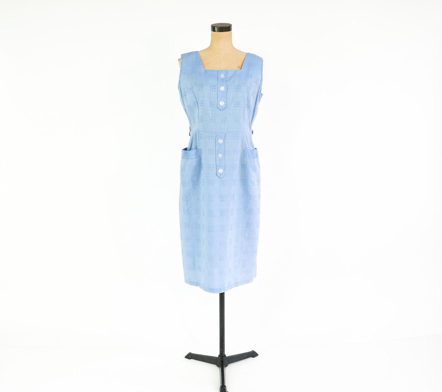 1950s Blue Print Cotton Day Dress, Large
