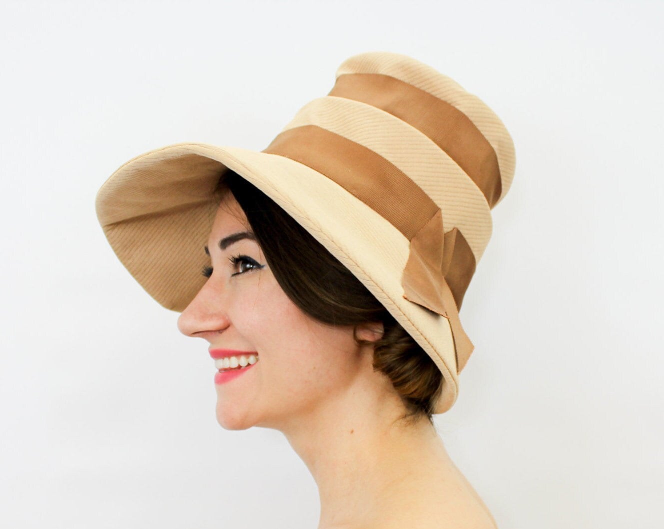 1960s Lilly Daché Tan Striped High Crown Hat