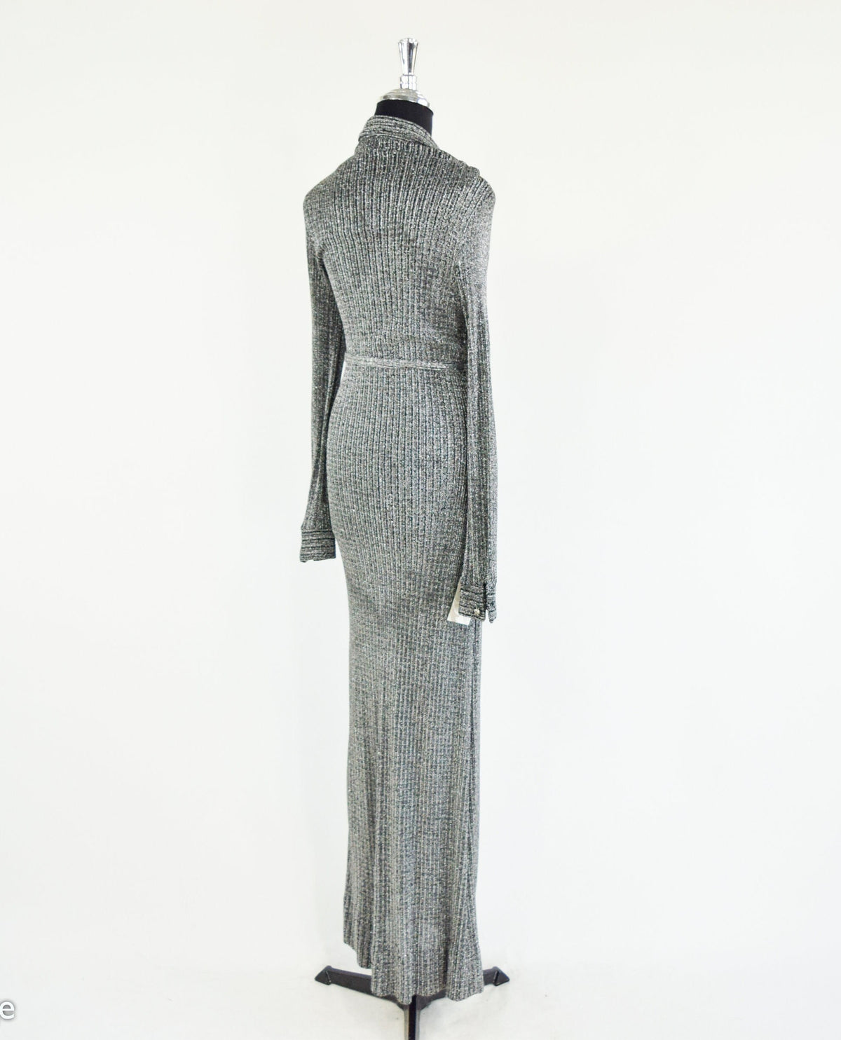 1970s Vintage Silver Knit Maxi Dress | Rhinestone Button, Tie Waist, Small