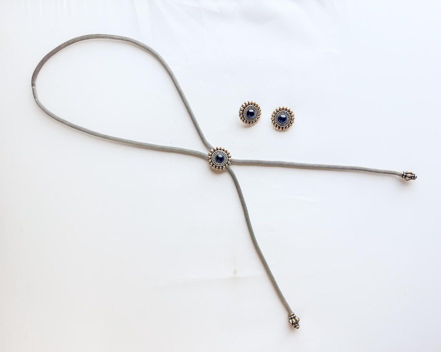 1980s Silver Bolo Tie Necklace & Earring | Silver Necklace Set