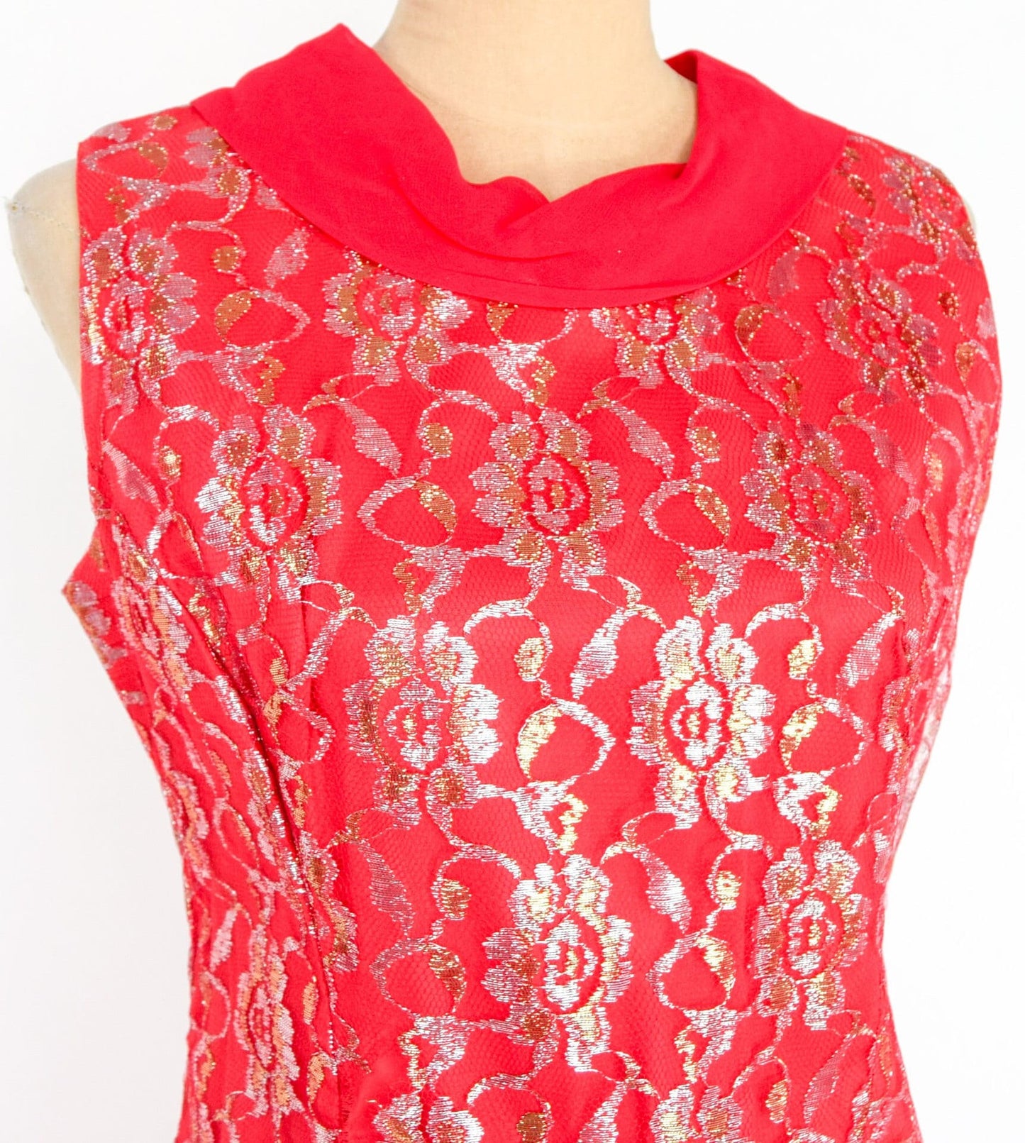 1950s Red Chiffon & Silver Lace Party Dress, Medium