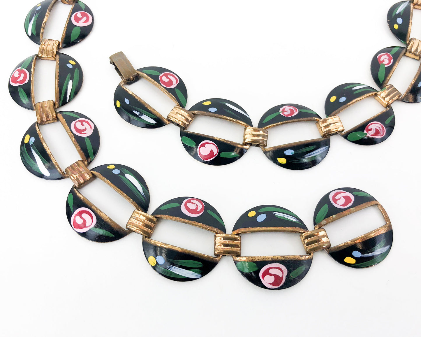 1950s Vintage Copper Enamel Necklace | Floral Painted Copper Choker
