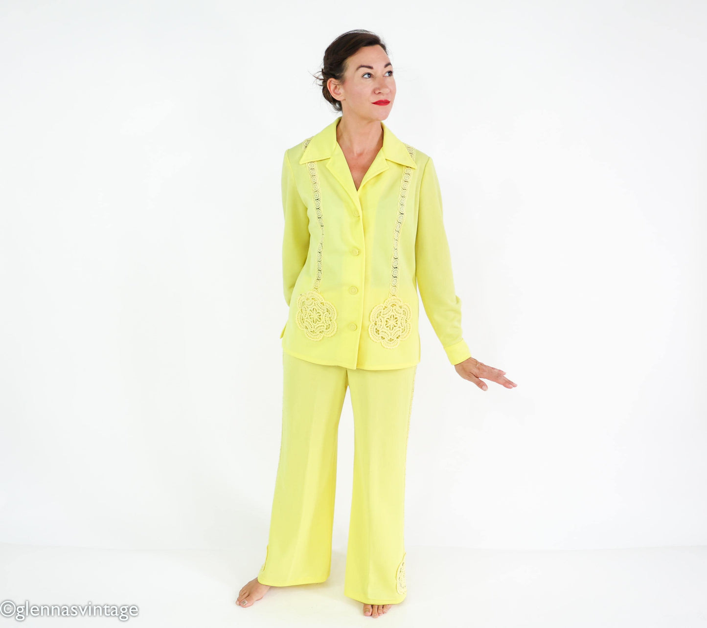1960s Yellow Polyester Top & Pants Set, Large