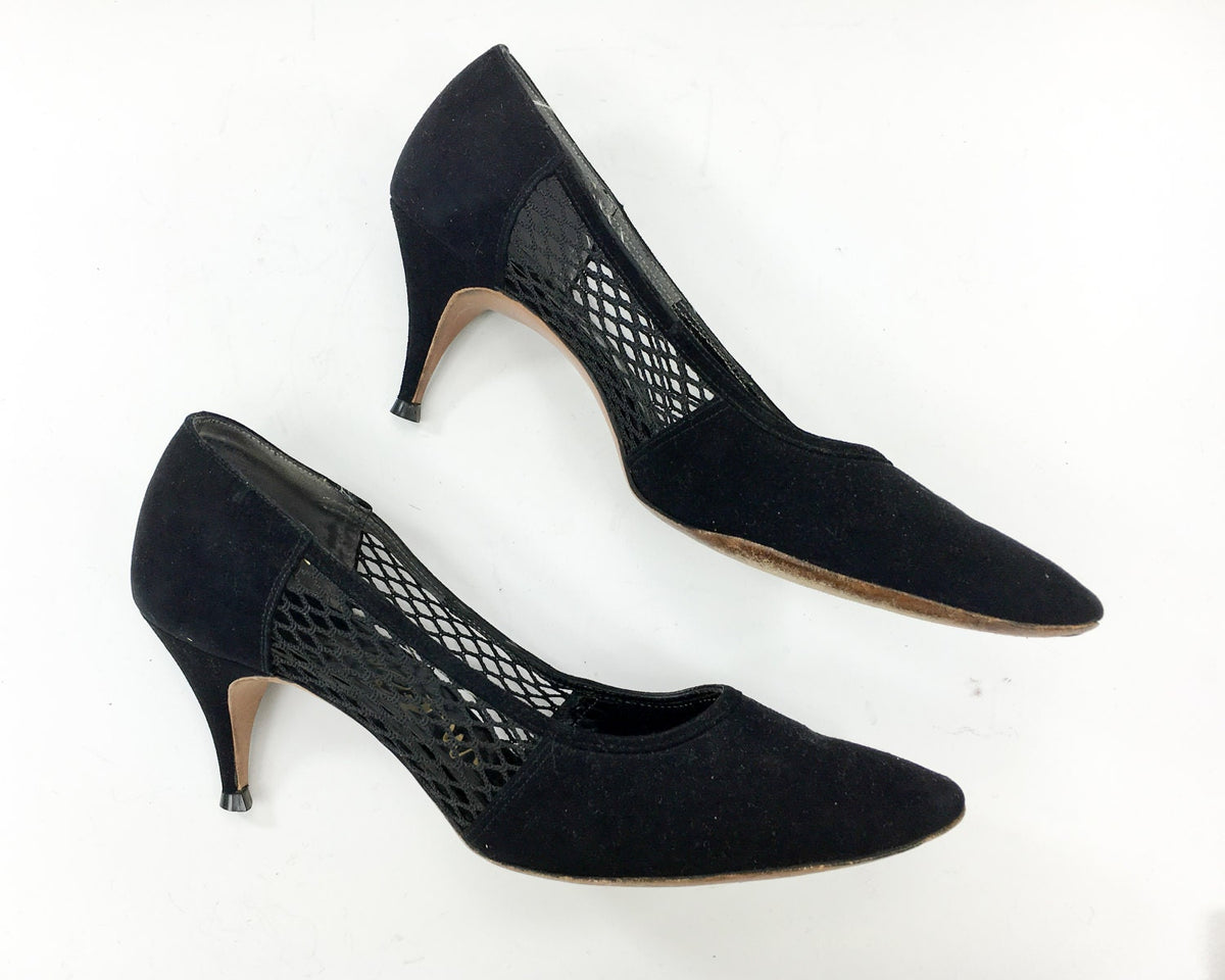 1960s Mr Easton Black Suede Heels Lattice Leather Pumps US 8.5