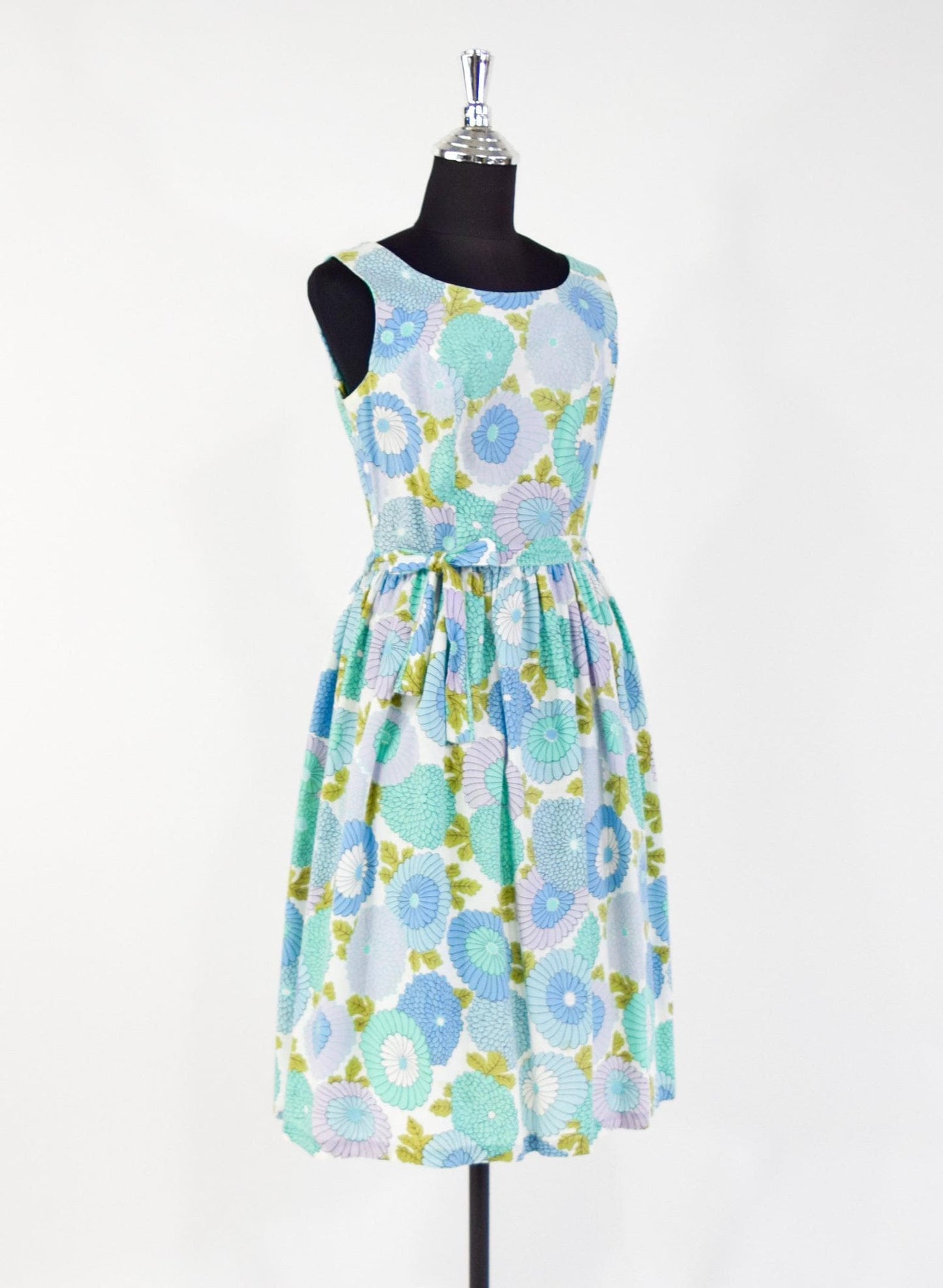 1950s Blue Turquoise Floral Print Cotton Day Dress, Medium