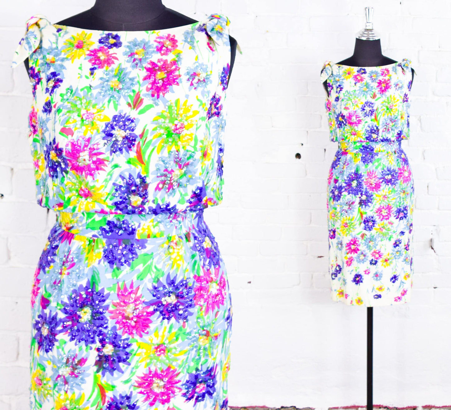 1950s Colorful Floral Sequin Party Dress, Small