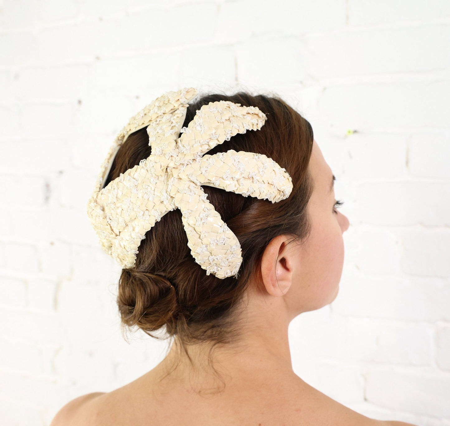 1950s Creme Woven Raffia Fascinator, Juliette Cap