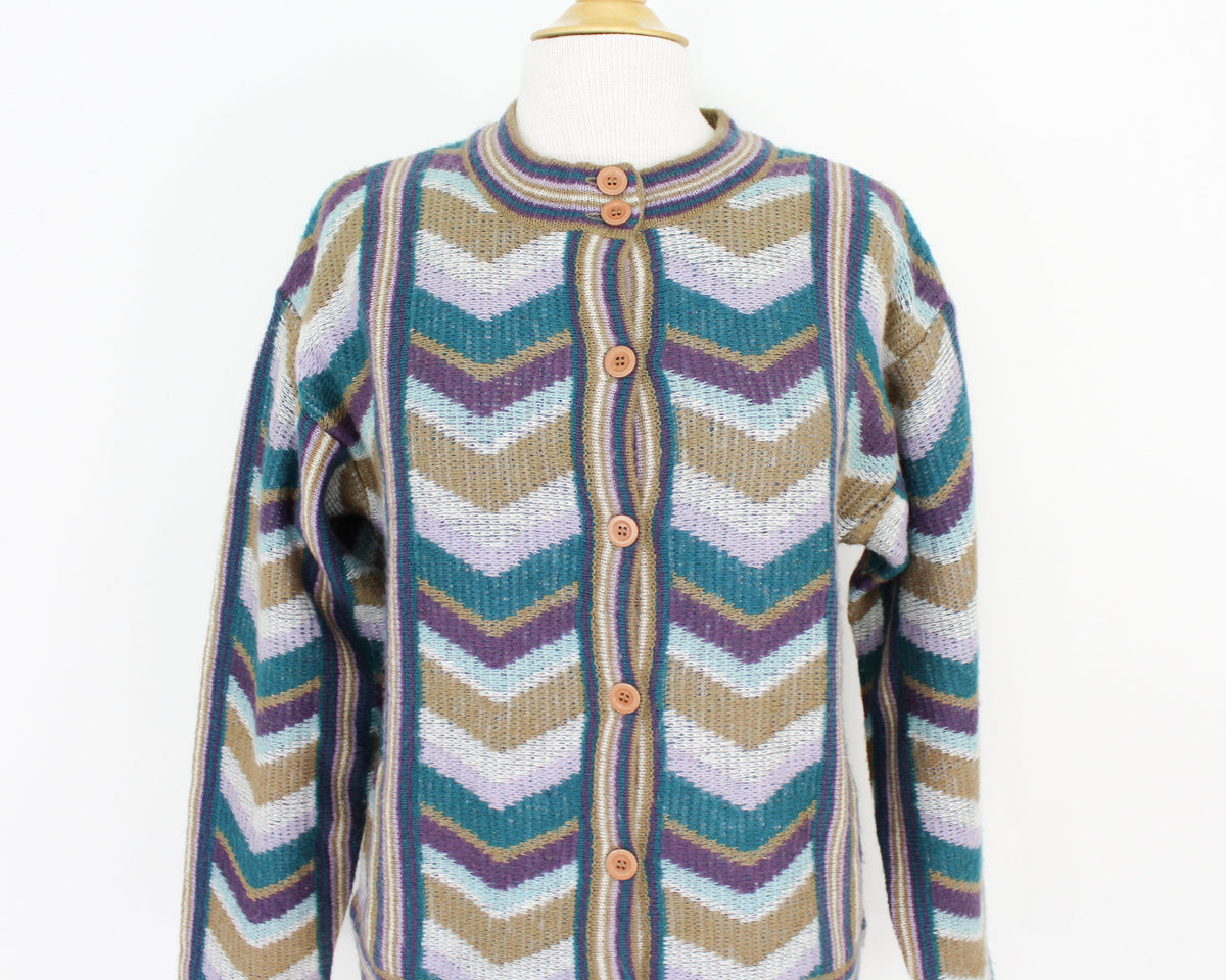 1960s Brown & Blue Chevron Cardigan Sweater, Medium