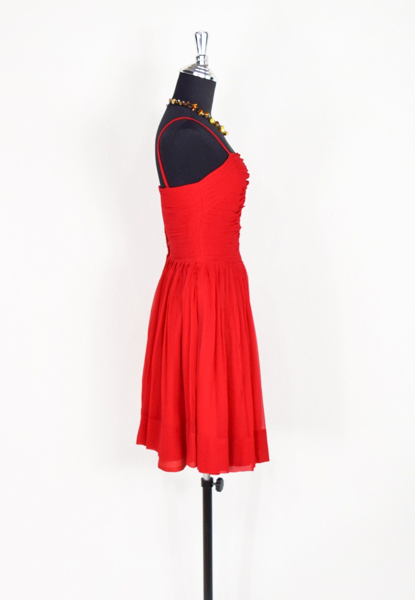 1950s Red Chiffon Party Dress with Pleated Bodice, Extra Small