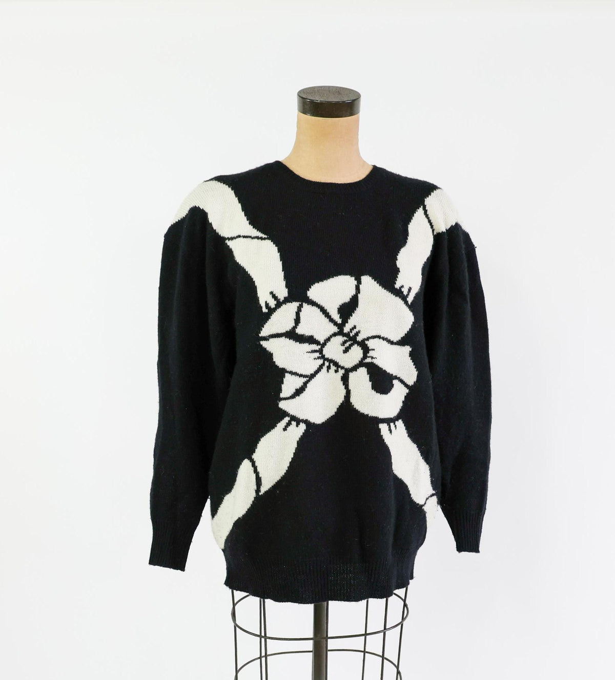 1980s Black & White Wool Cashmere Bow Sweater, Large