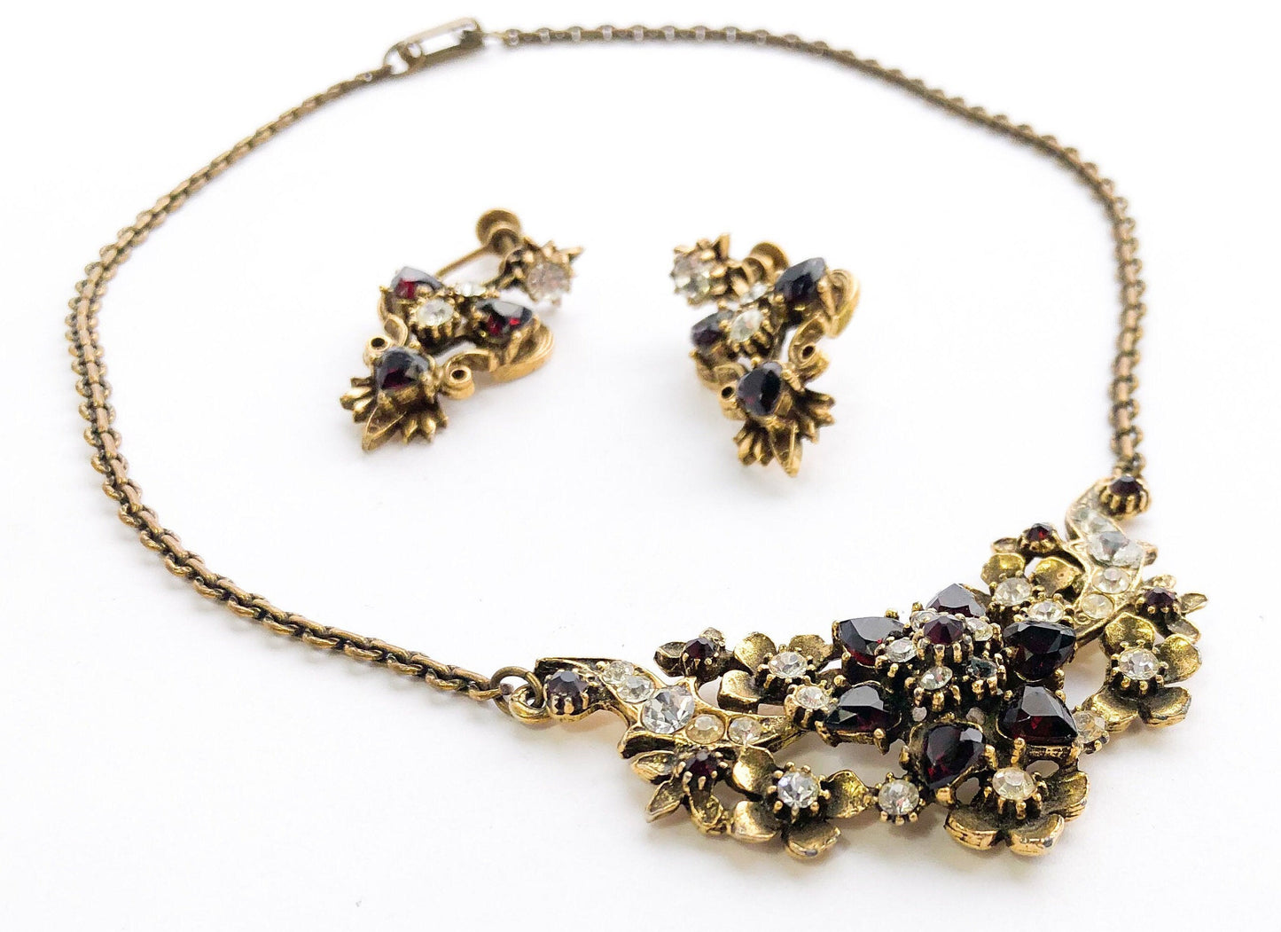 1940s Garnet Rhinestone Necklace & Earrings Jewelry Set