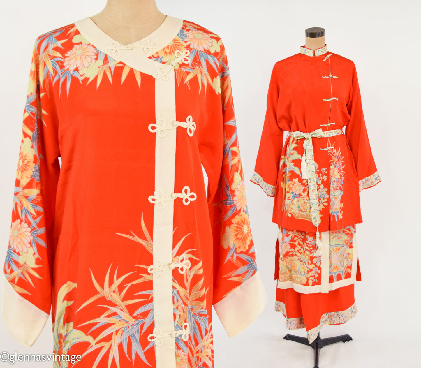 1940s Orange Print Silk Robe and Pajama Set, Large