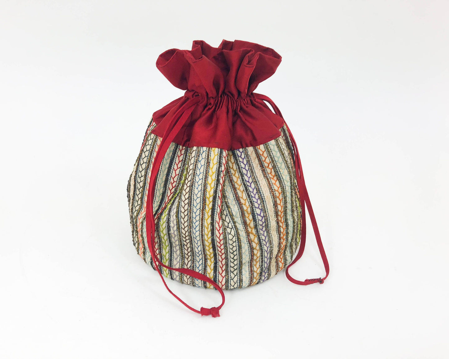 1900s Red Silk Embroidery Pouch, Drawstring Handbag