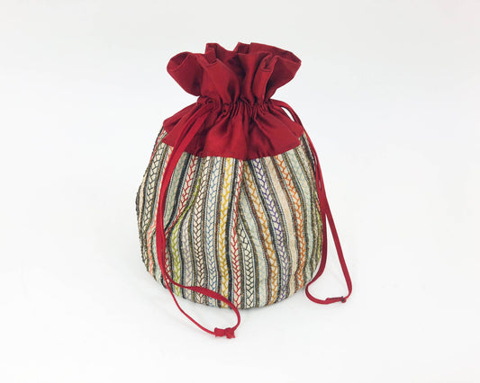 1900s Red Silk Embroidery Pouch, Drawstring Handbag