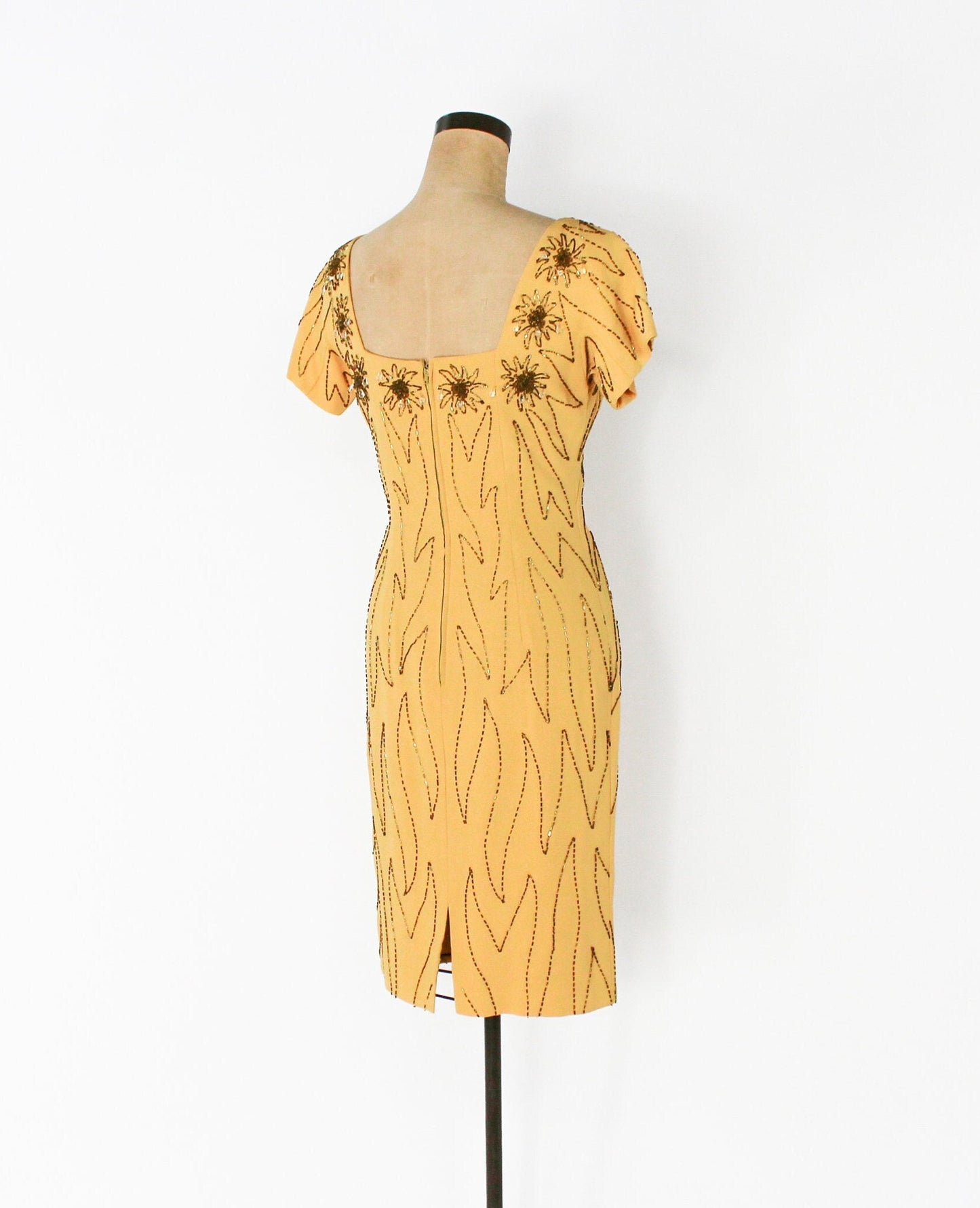 1950s Yellow Beaded Cocktail Dress, Small