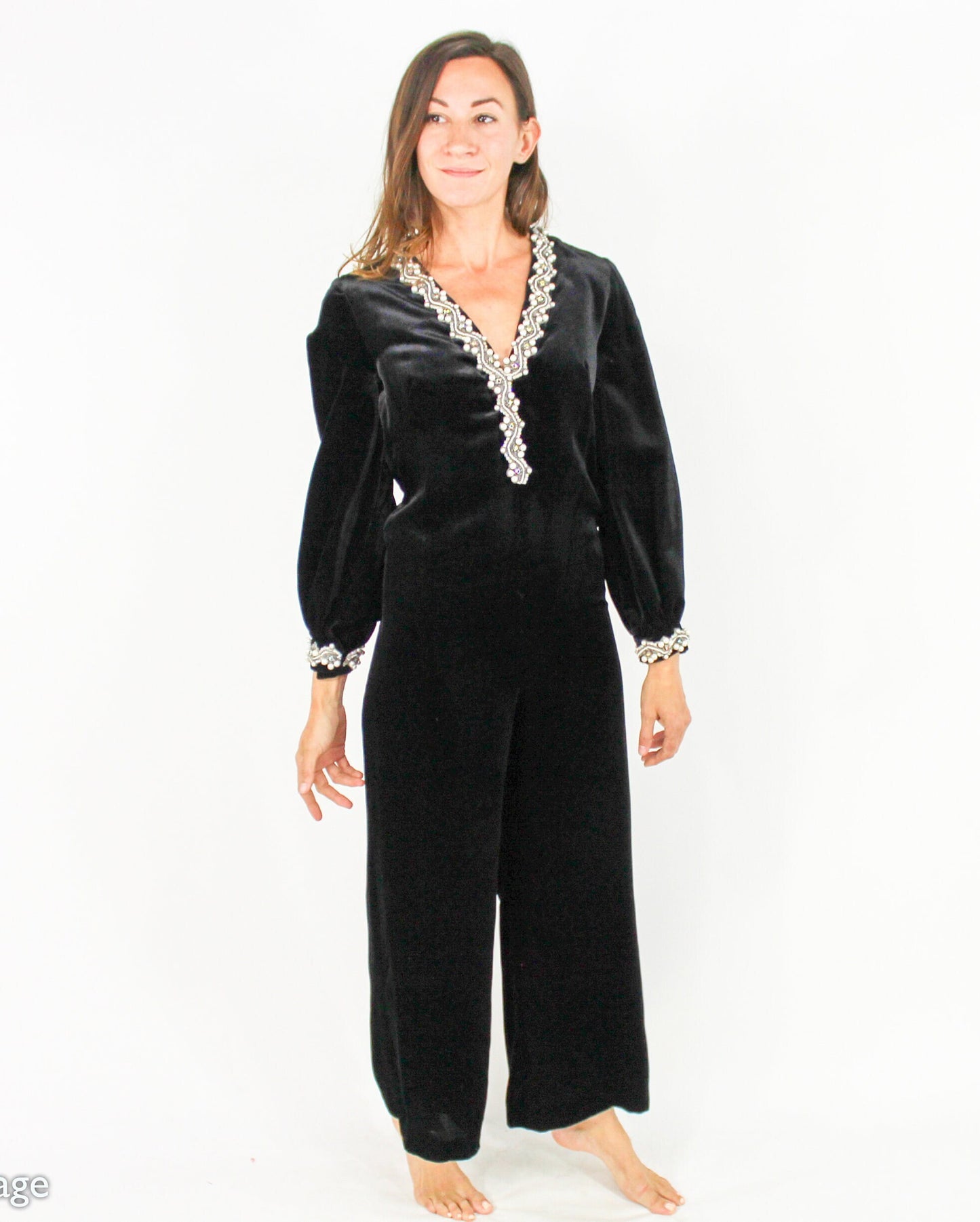 1970s Vintage Black Velvet Jumpsuit with Beaded Trim, Small