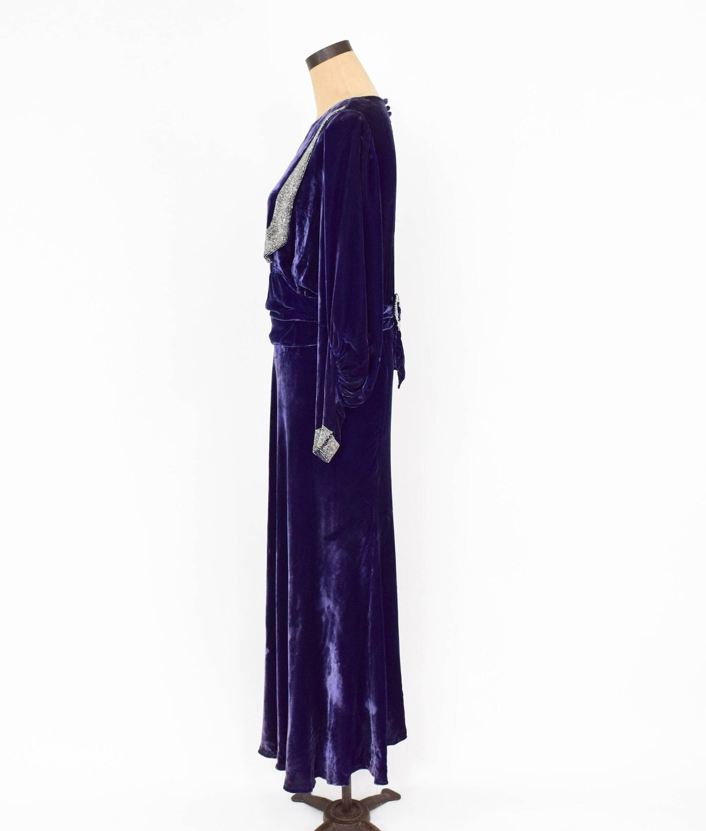 1900s Purple Silk Velvet Gown, Beaded Evening Dress, Medium Large