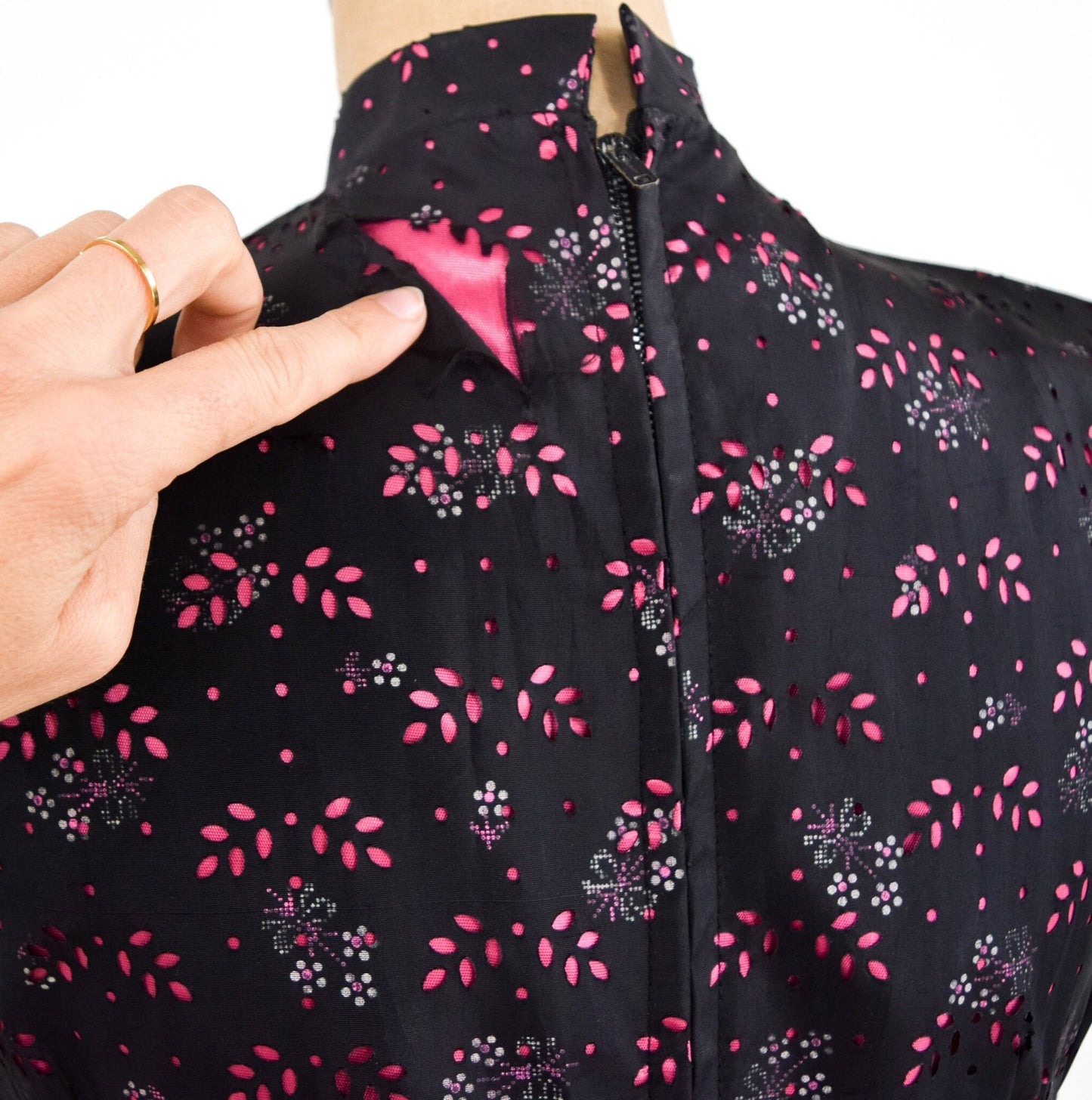 1950s Black & Pink Floral Cheongsam Dress in Eyelet Taffeta, Medium
