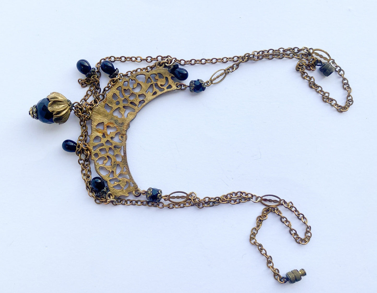 1940s Filigree Brass Necklace with Black Glass Pendant
