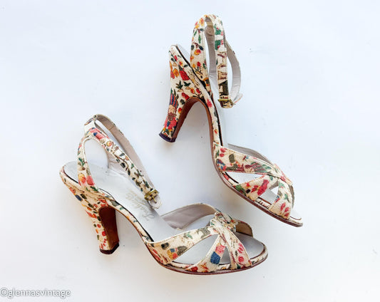 1950s Colorful Floral Design Heels | Beige Print Ankle Strap Heels