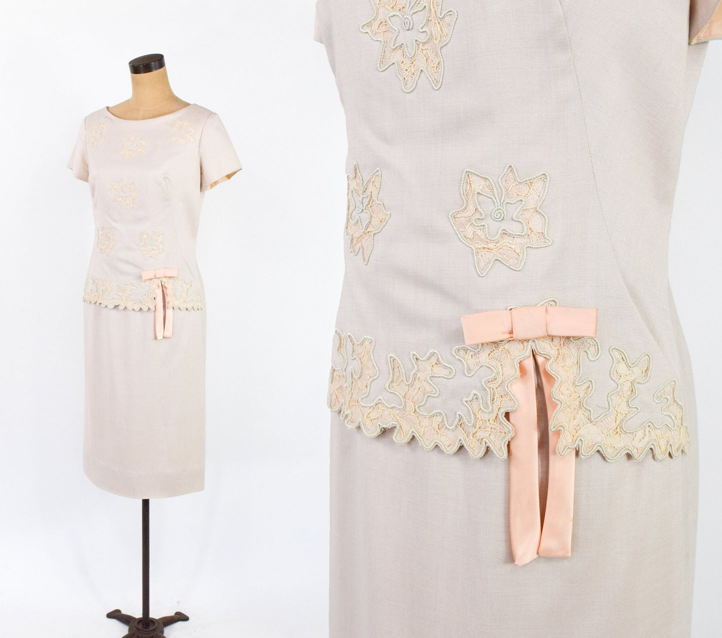 1950s Beige Linen Day Dress, Medium