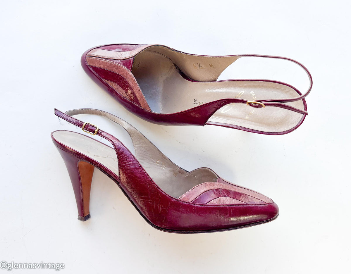 1980s Maroon Leather Slingback Heels | Red & Pink Shoes, US 6.5