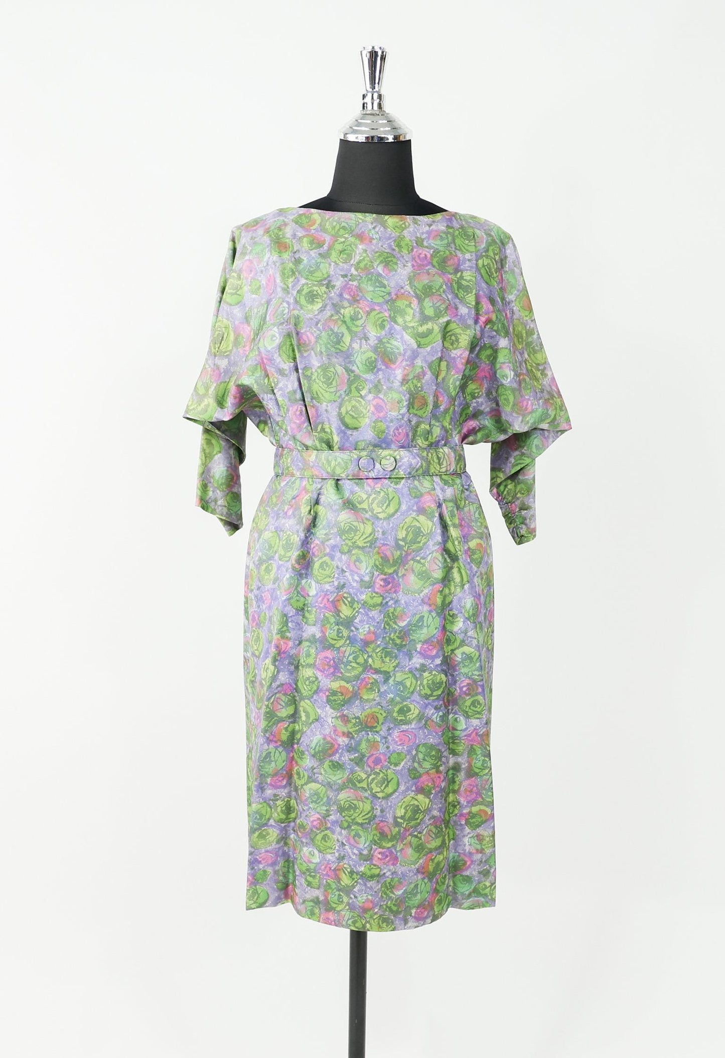 1950s Green Print Watercolor Day Dress, Large