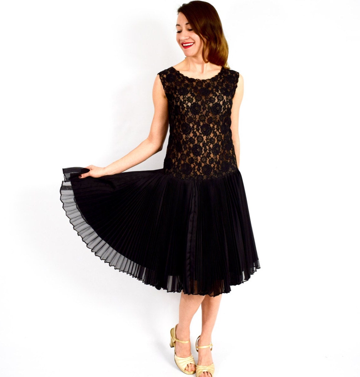 1950s Black Lace Party Dress | 50s Black Sleeveless Drop Waist Cocktail Dress | Blouse de Jour by Saab | Small