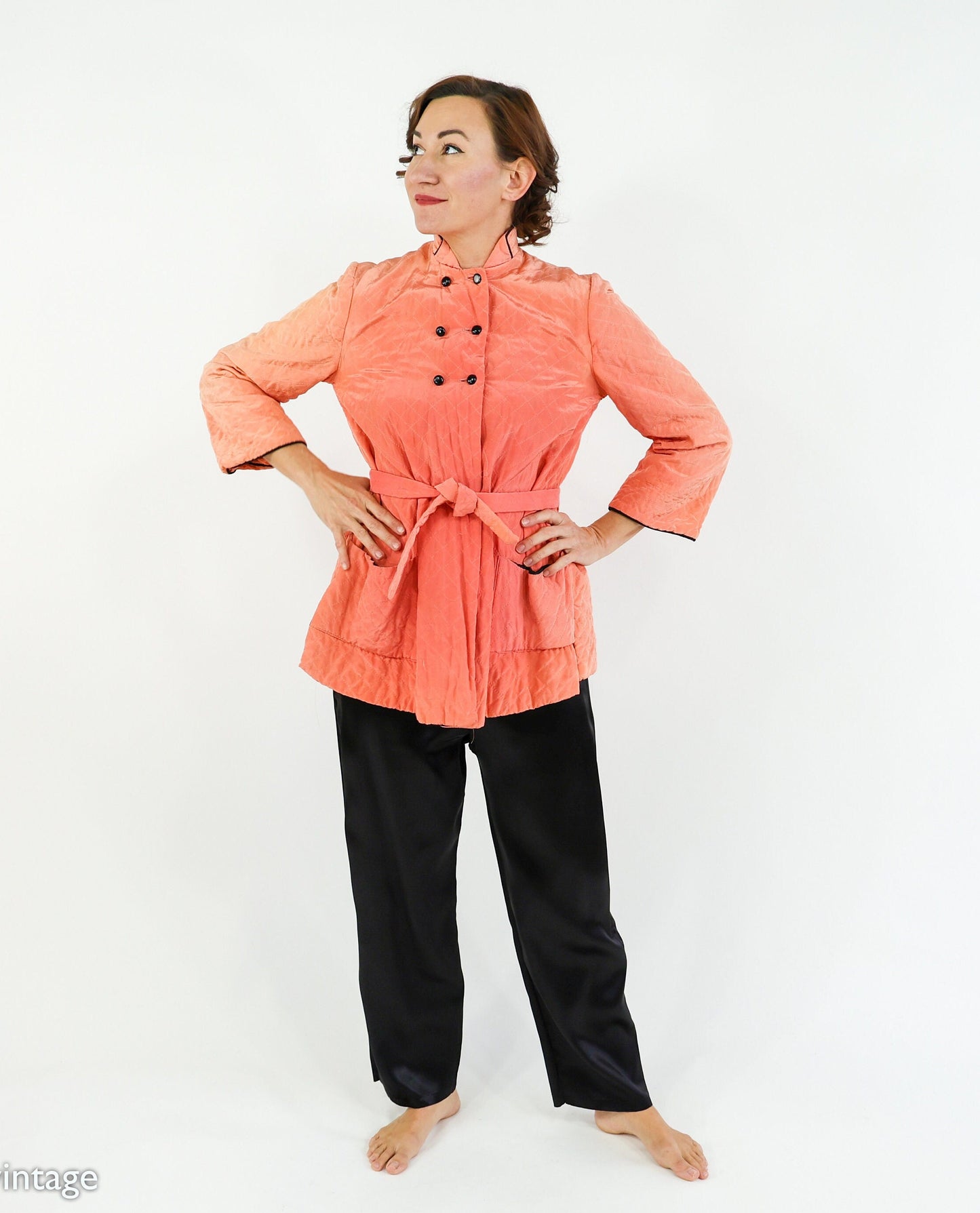 1940s Coral Quilted Pajamas Set, Peach Robe & Slacks, Medium