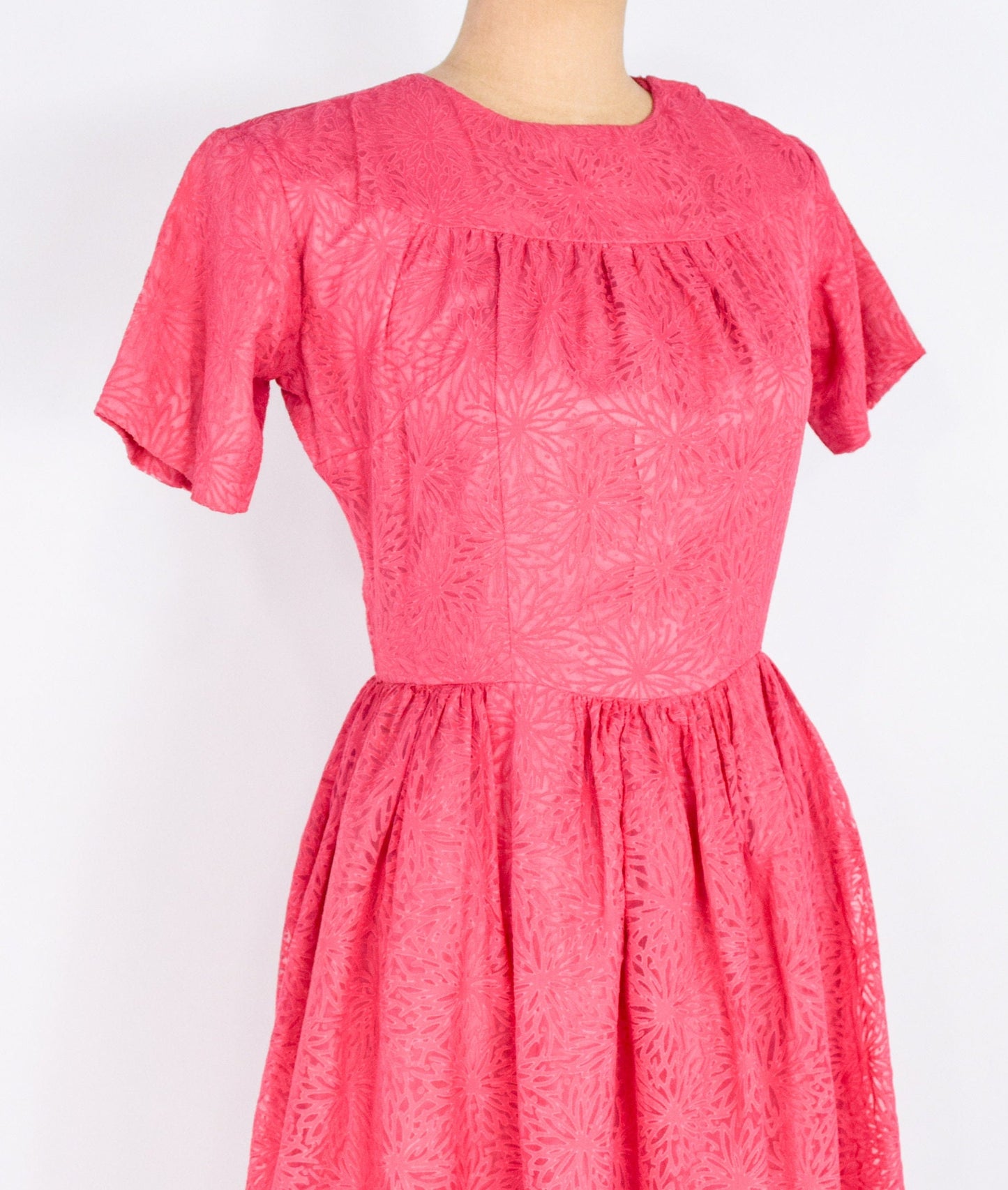1950s Pink Chiffon Dress in Floral Burnout Fabric, Small