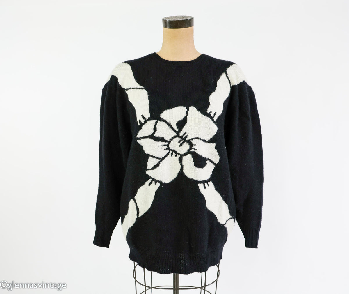 1980s Black & White Wool Cashmere Bow Sweater, Large