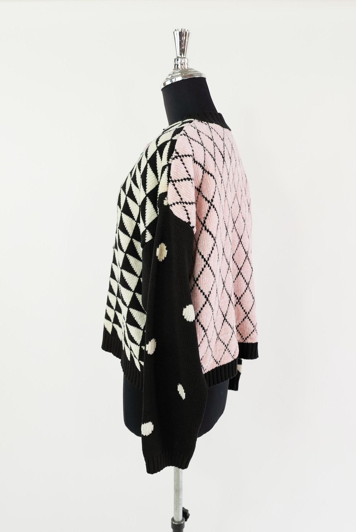 1980s Pink Black Geometric Chenille Cardigan, Large
