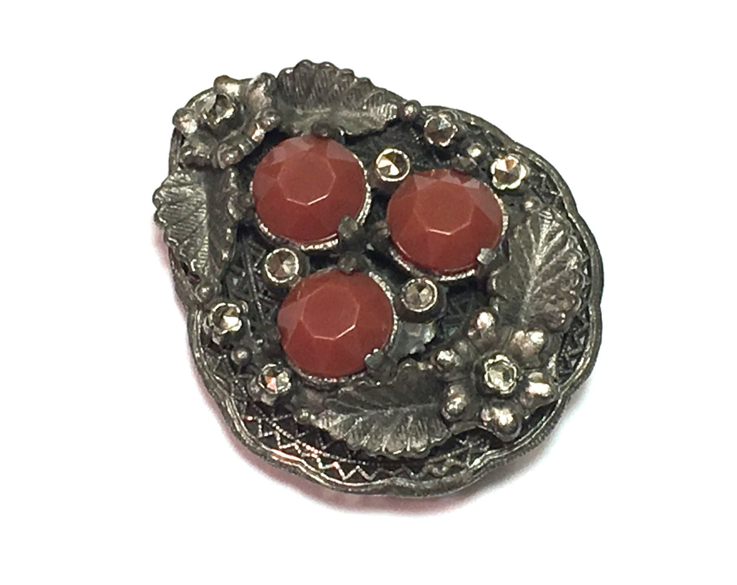 1940s Silver Filigree Dress Clip | 40s Silver Marcasite Fur Clip