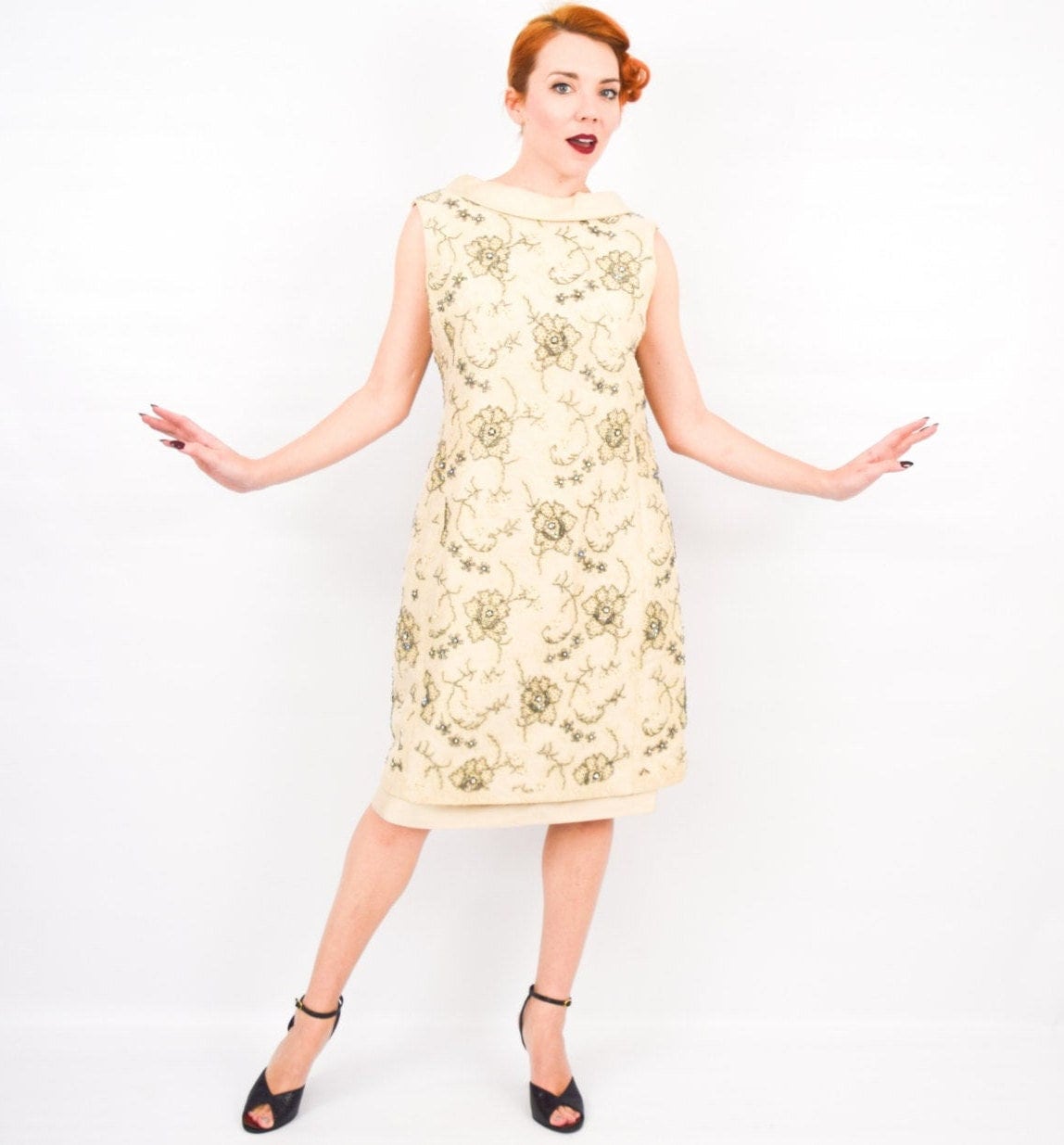 1960s Beaded Silk Cocktail Dress | Vintage Floral Lace, Medium