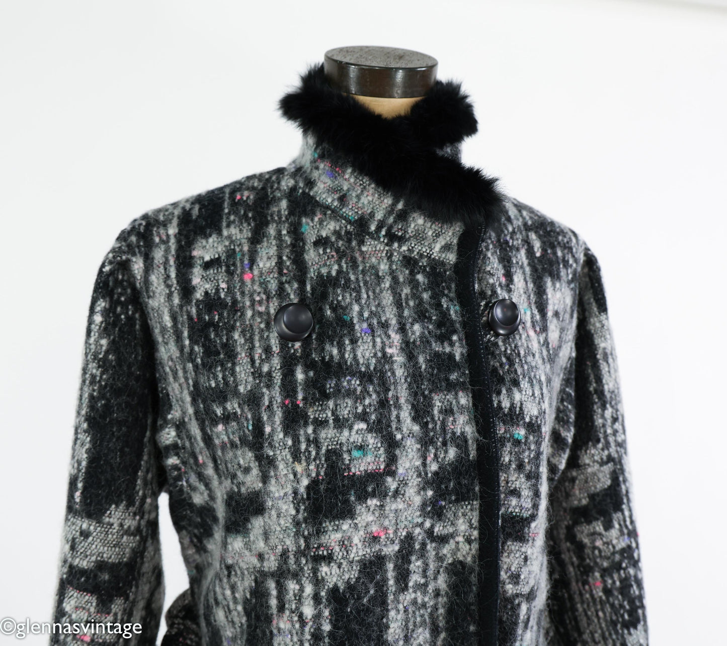 1980s Gray Wool Winter Coat with Fur Trim, Extra Large, 46" Bust