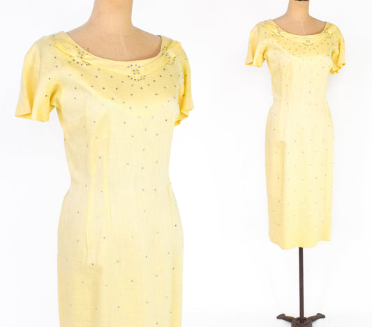 1950s Yellow Linen Sheath | 50s Yellow Cocktail Dress, Large