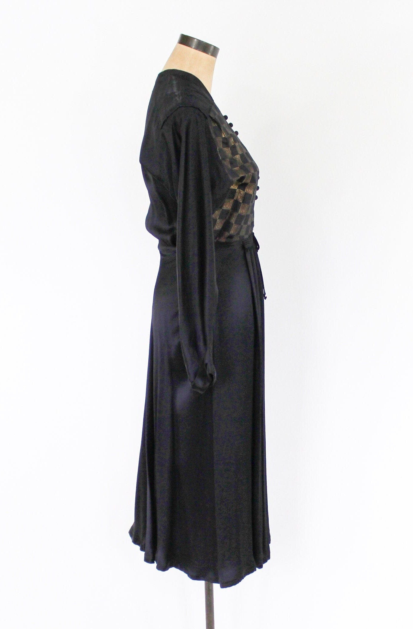1940s Gold & Black Silk Dress | 40s Black Silk Embroidered Dress | Tula | Small
