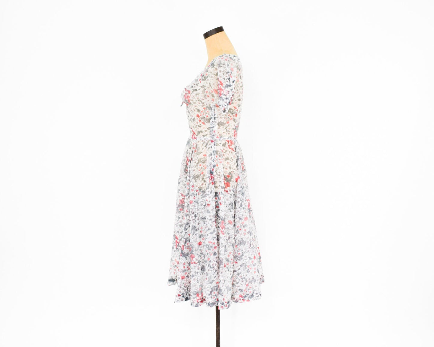 1950s White Pink Gray Floral Nylon Dress, Medium