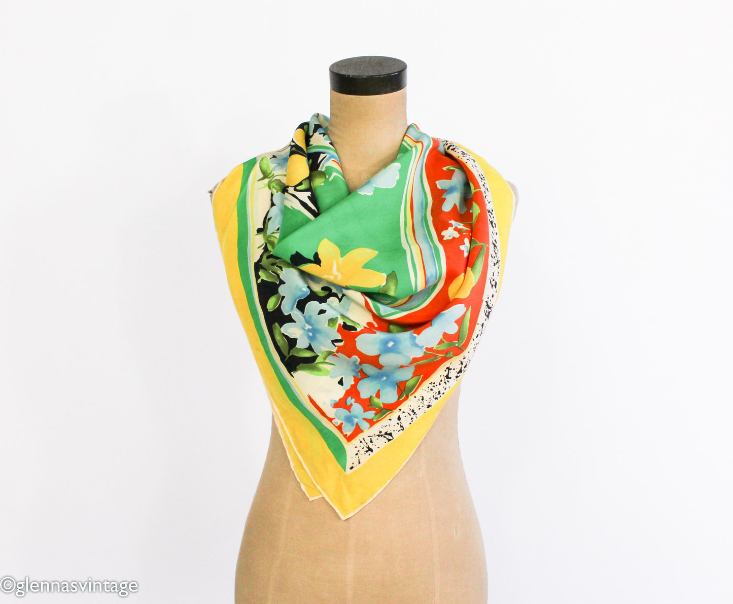 1980s Floral Silk Scarf | Green, Yellow, & Orange | Piramit