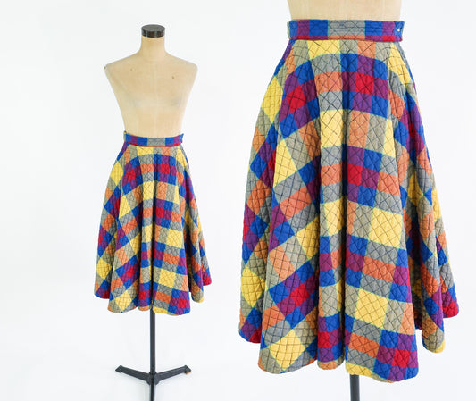 1950s Plaid Quilted Circle Skirt, Small