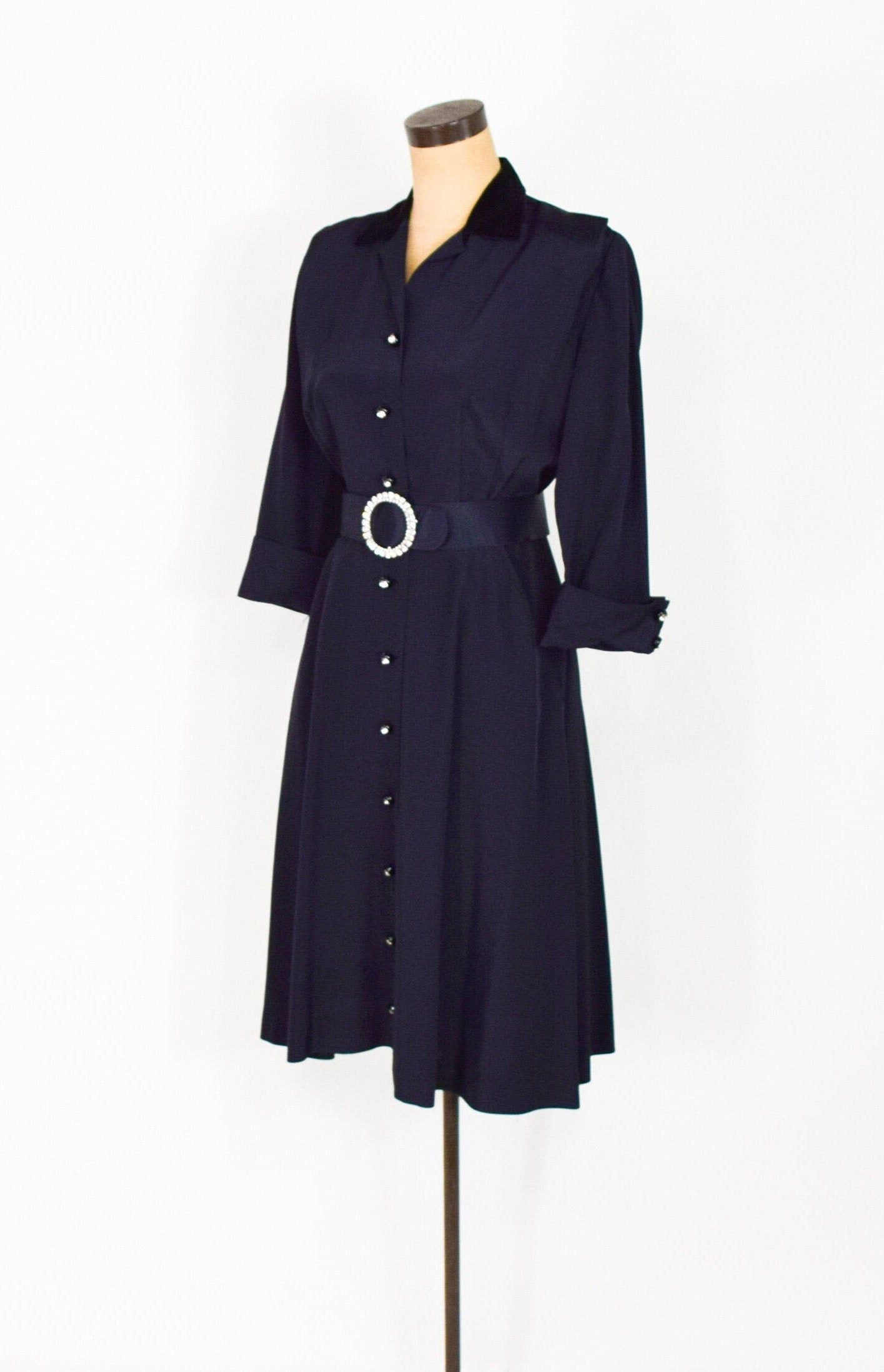 1950s Black Faille Party Dress with Rhinestone Buttons, Medium