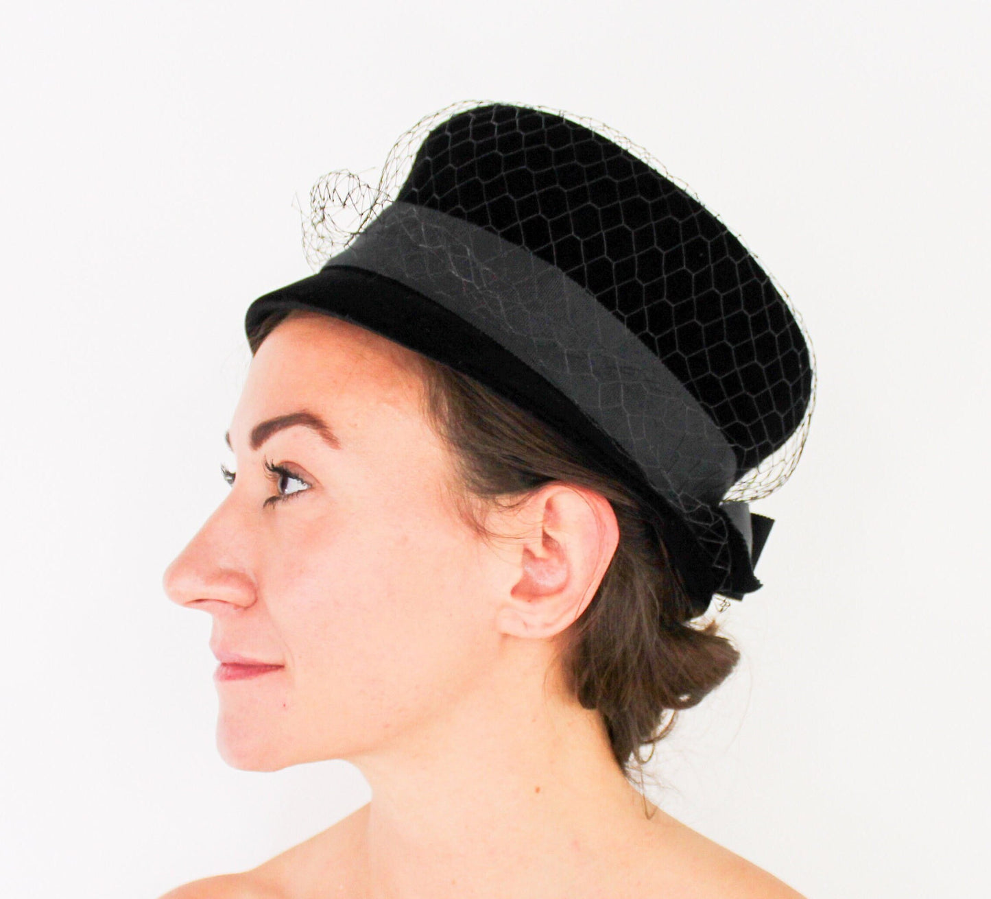 1960s Black Velvet High Crown Hat, Jackie O Style