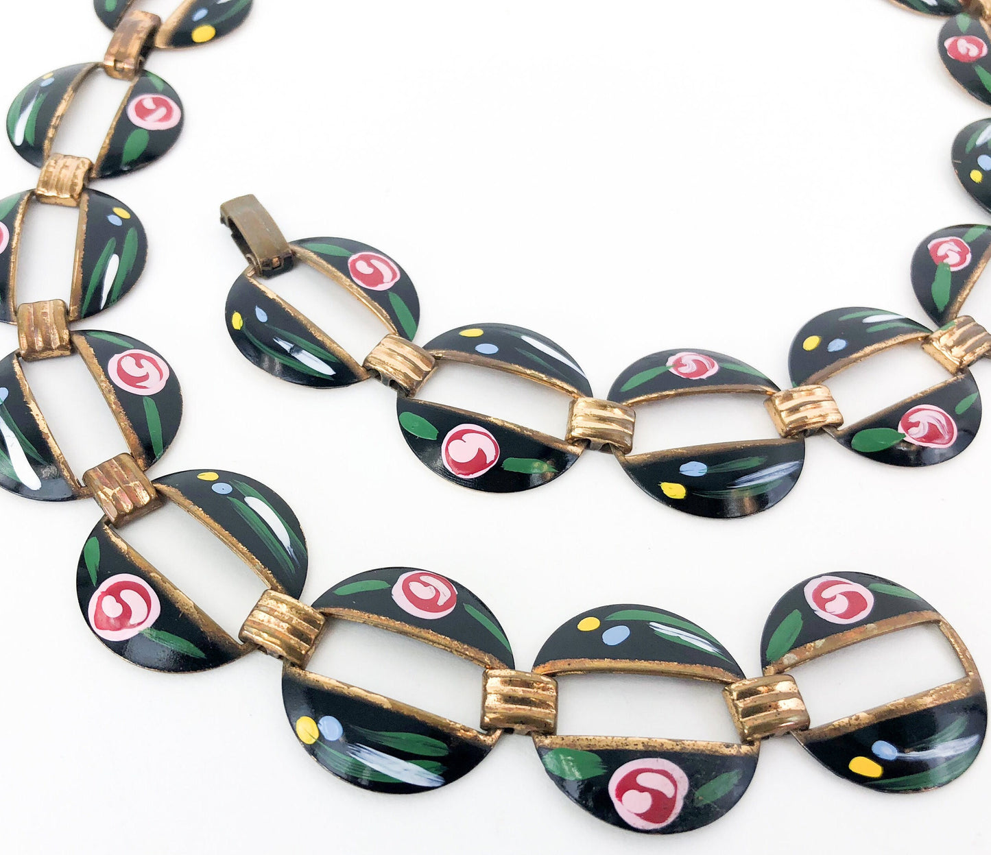 1950s Vintage Copper Enamel Necklace | Floral Painted Copper Choker