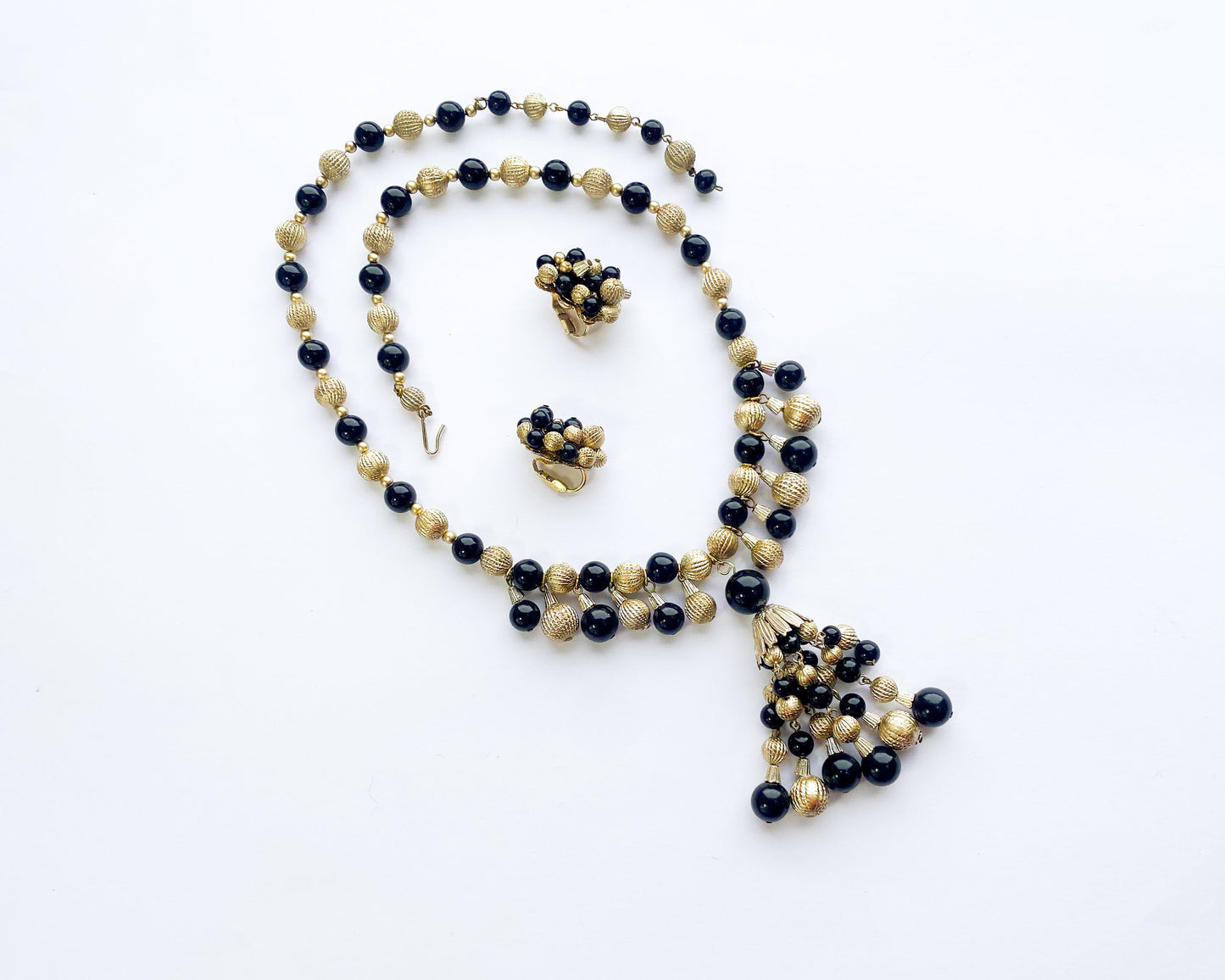 1960s Black & Gold Ball Necklace and Earrings Set