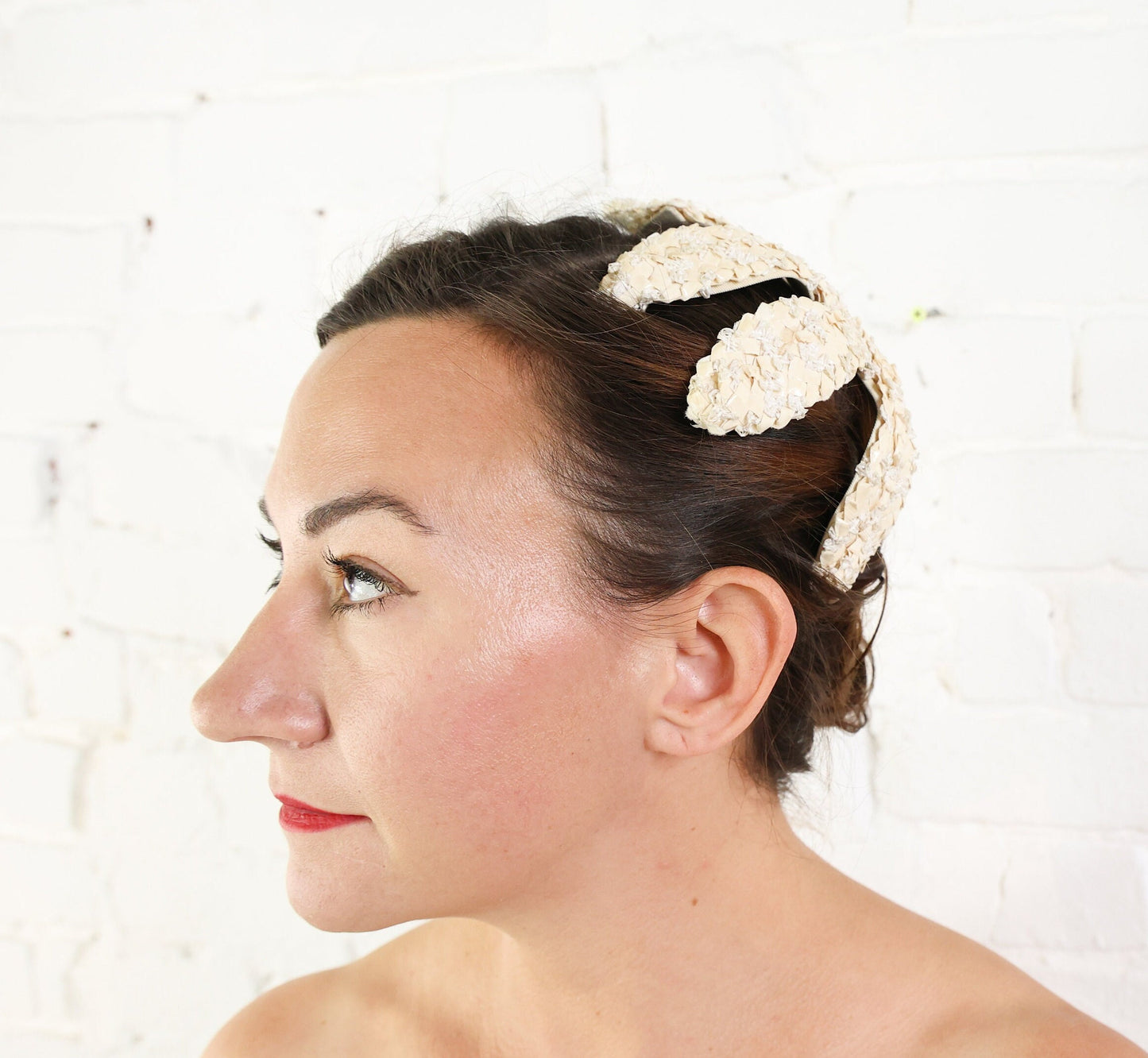 1950s Creme Woven Raffia Fascinator, Juliette Cap