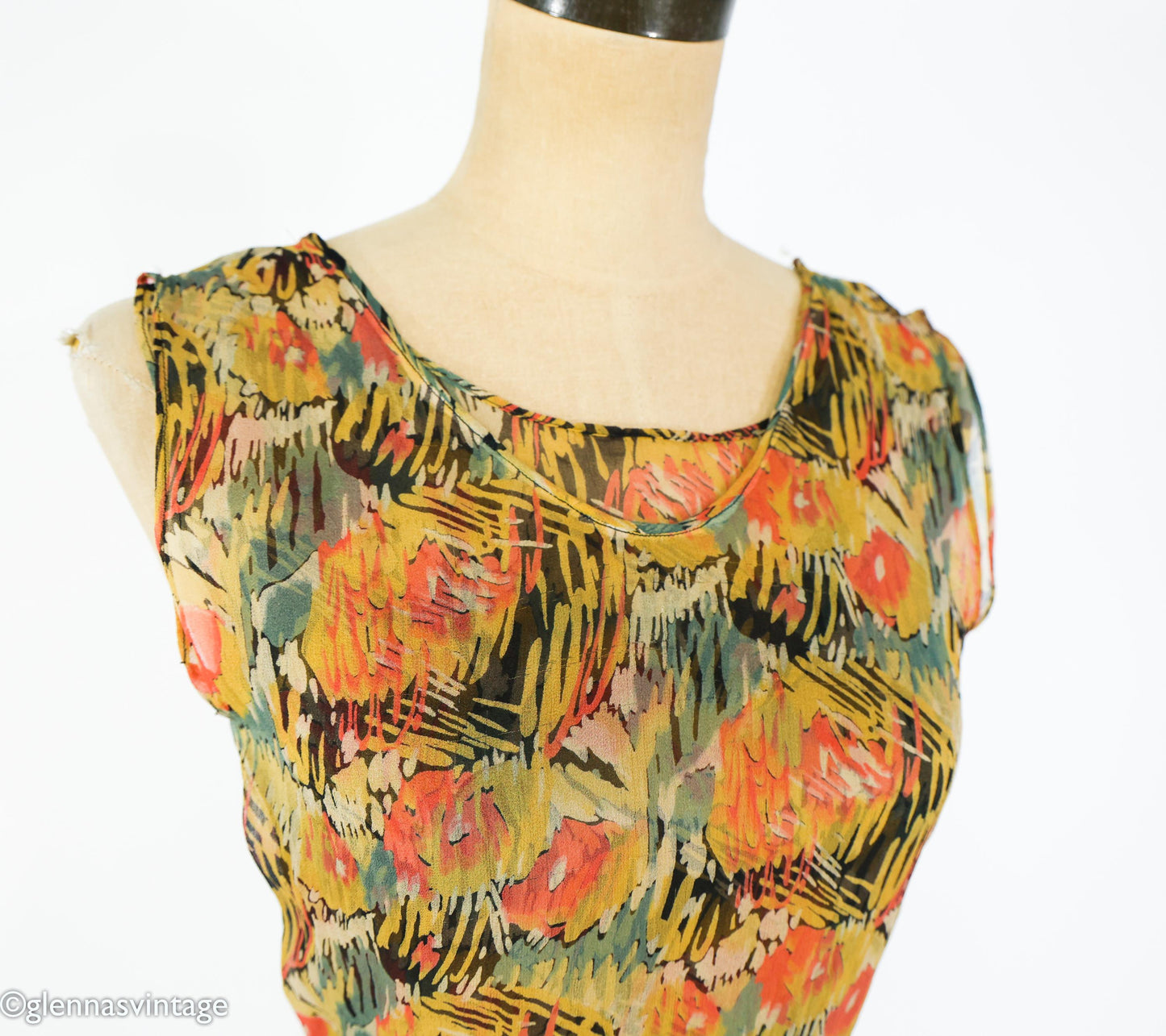 1930s Floral Print Silk Chiffon Dress with Asymmetrical Hem, Extra Small