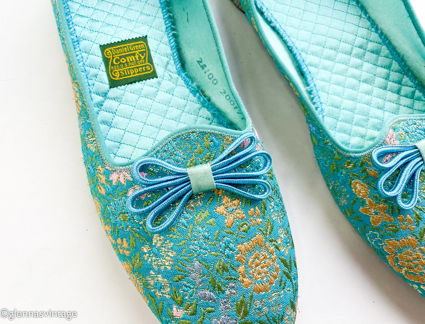 1950s Turquoise Brocade Slippers | Blue & Gold Shoes , Size 12