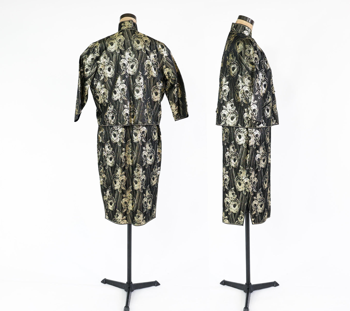1950s Black Gold Metallic Brocade Cheongsam Dress and Matching Jacket, Large