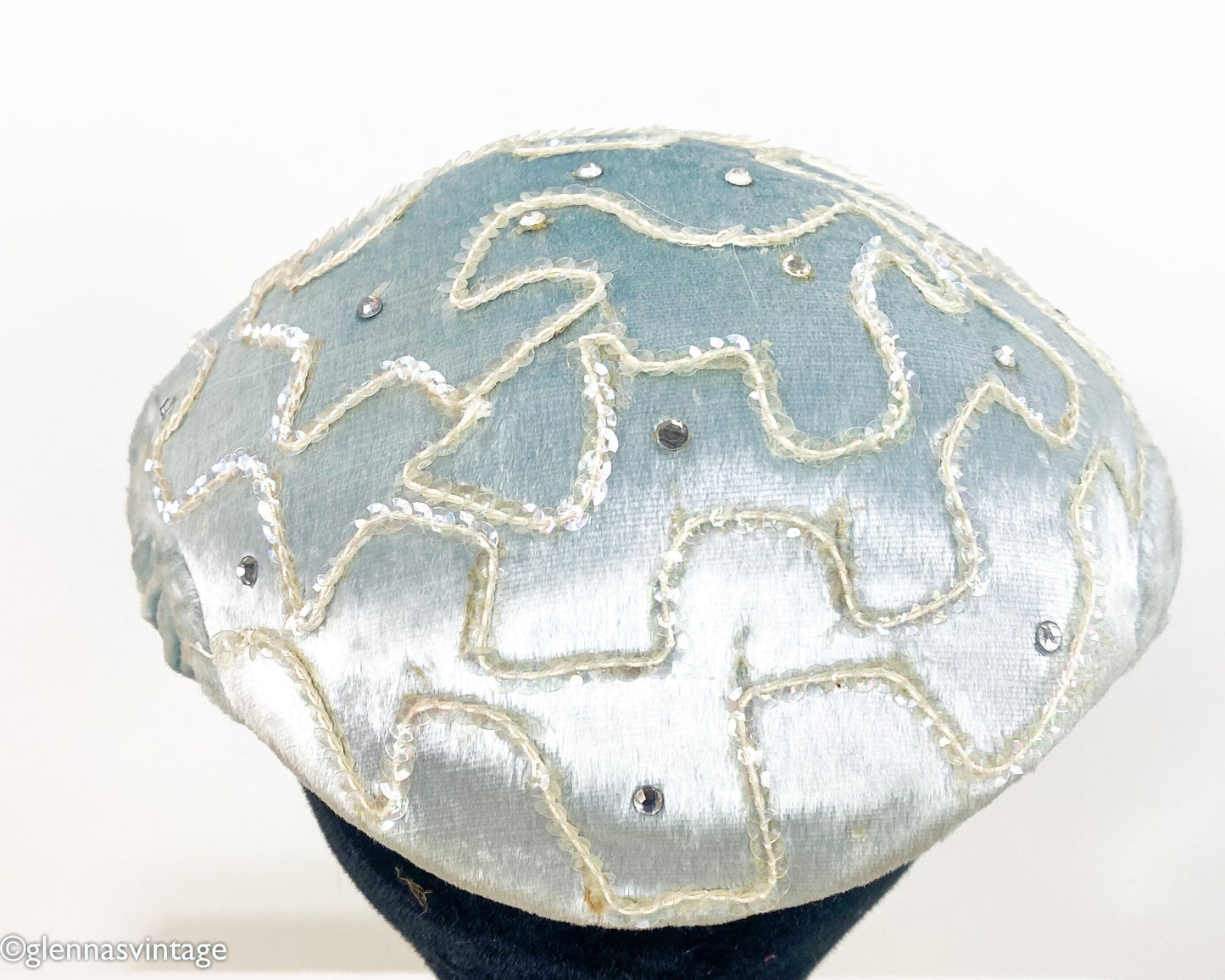 1950s Pale Blue Velvet & Sequin Hat, Adele Claire Fascinator